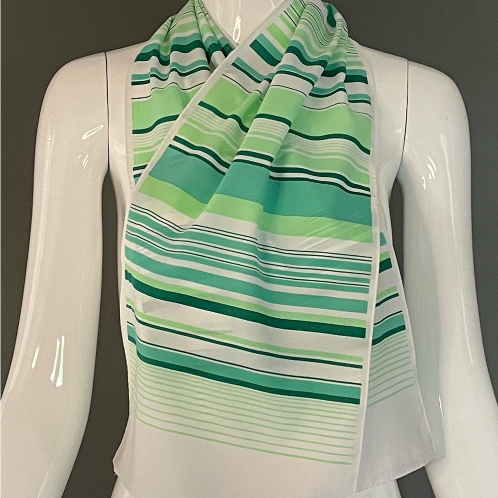 Super Cute Vintage Greens Stripes Poly Scarf 10 In by 46 Exc Condition - Picture 3 of 8